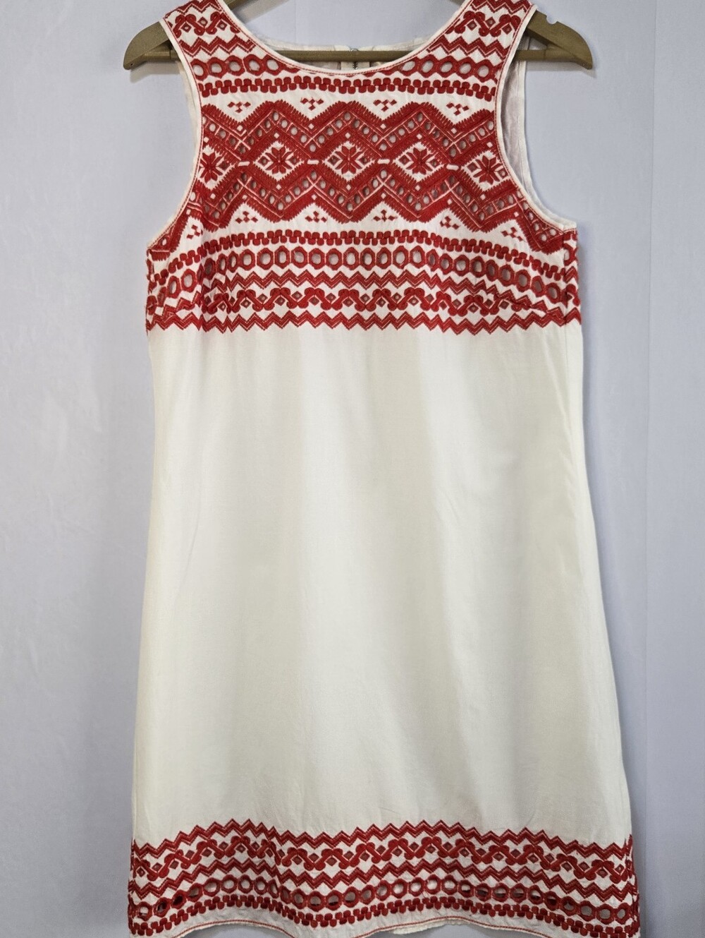 Sophie Max Size M Cream Shift Dress, Orange Boho Embroidered Yoke and Hem